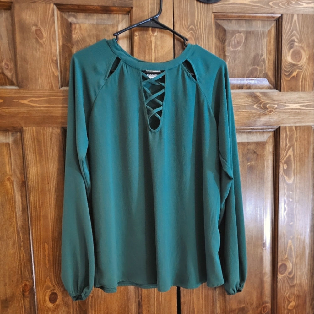Green Tie Front Blouse with Long Sleeves